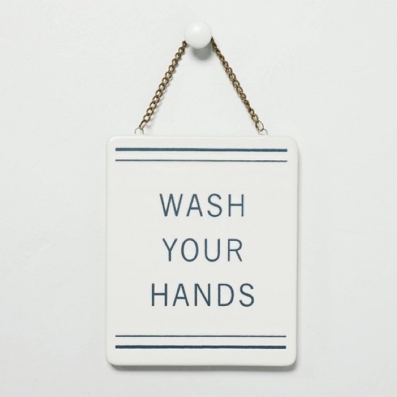 NEW Hearth & Hand with Magnolia “Wash Your Hands” Stoneware Wall Sign Blue/Cream - Picture 1 of 3